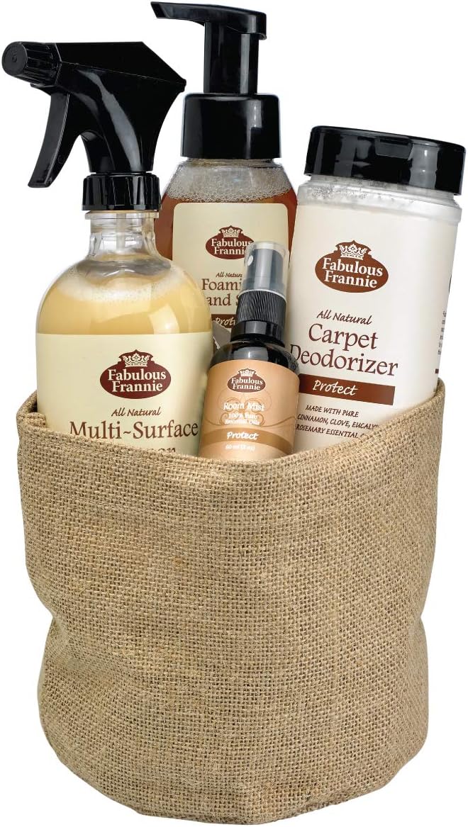 Fabulous Frannie All Natural Protect Scent House Gift Basket includes 16oz Multi-Surface Cleaner, 16oz Carpet Care, 8oz Foam Soap, and Protect Room Mist.