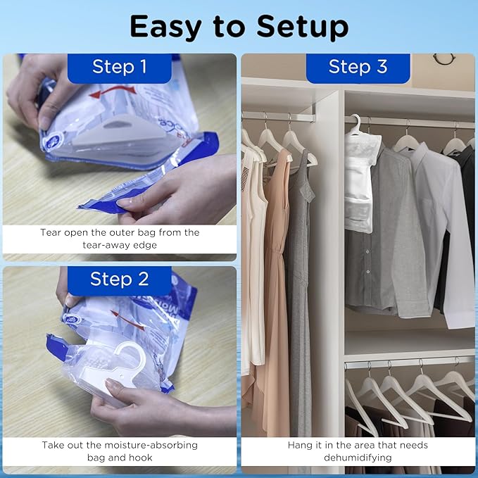 W&E Choice Moisture Absorbers Hanging Bag for Your Closet, Dehumidifier Bags for Bathroom, Fragrance Free Humidity Packs, 10 Pack, 9.9 Oz