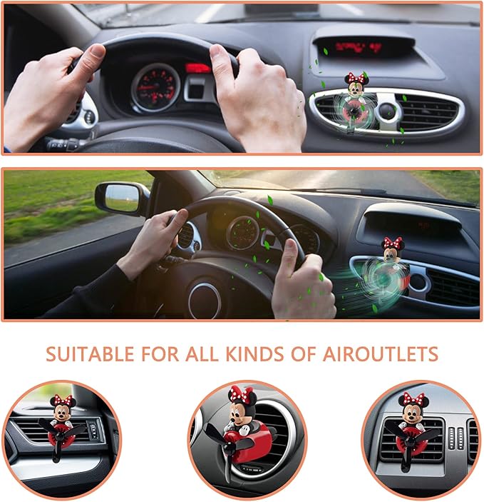 2Pcs Car Air Fresheners Cute Cartoon Mouse Pilot Men Women Car Perfume Rotating Propeller Automotive Air Outlet Fan Creative Diffuser Car Decoration (M.ickey+M.innie)