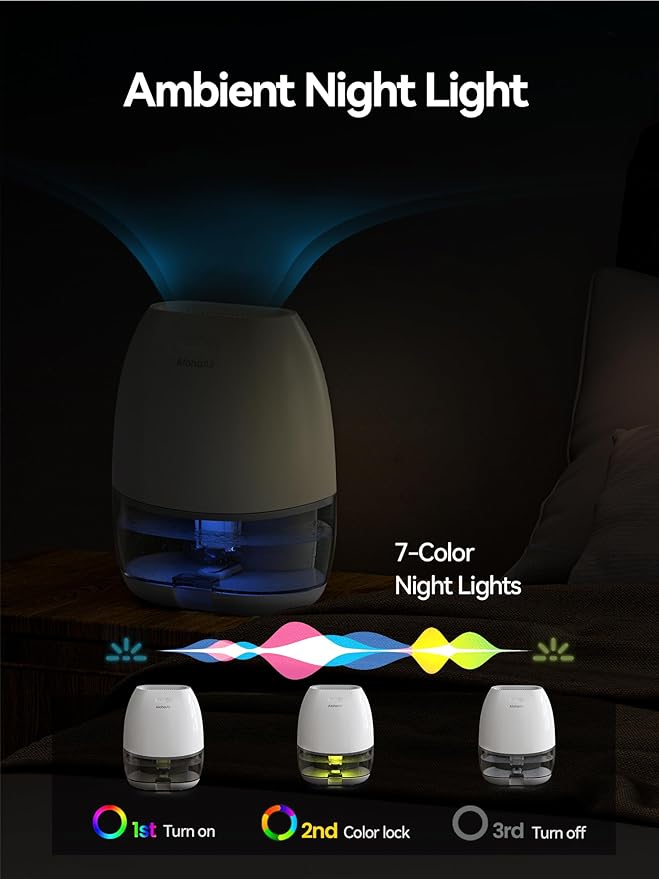 Dehumidifier, AlohaAir 34 OZ Small Dehumidifiers for Home and Room, Quiet with 7 Colors Night Light, Auto Shut Off, Dehumidifiers for Bedroom, Bathroom, RV, and Closet