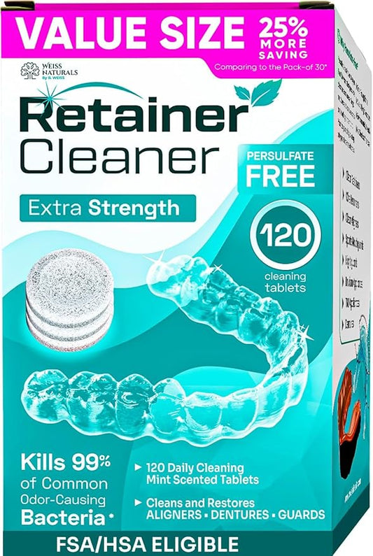 Weiss Naturals Retainer Cleaner Tablets, Invisalign Cleaner, Remove Stains, Odors & Plaque, PERSULFATE FREE Night Guard & Denture Cleaner 4-Month Supply, 120 Mint Scented Tablets
