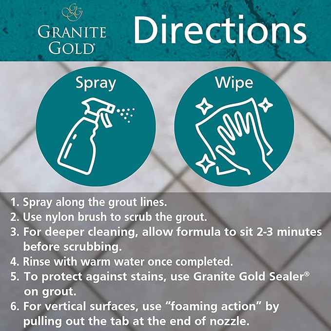 Granite Gold Grout Cleaner Spray with Brush for Stone, Ceramic, Glass & Colored Grout, 24 Ounce