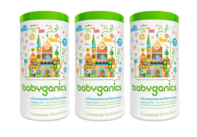 BabyGanics All-Purpose Surface Wipes, Unscented, 75 Count (Pack of 3)