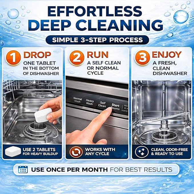 Dishwasher Cleaner and Deodorizer Tablets 24 Pack Dye Free and Fragrance Free Deep Cleaning Descaler Pods for inside your Dishwashers Septic Safe Monthly Maintenance | Groutastic