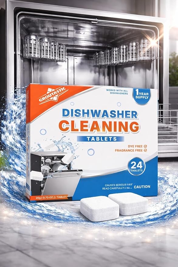 Dishwasher Cleaner and Deodorizer Tablets 24 Pack Dye Free and Fragrance Free Deep Cleaning Descaler Pods for inside your Dishwashers Septic Safe Monthly Maintenance | Groutastic