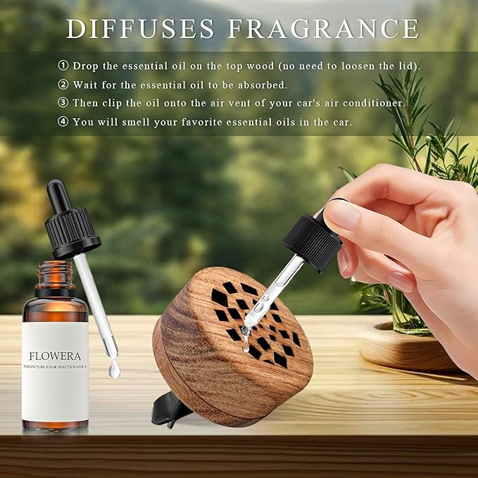 2 PCS Wood Car Essential Oil Diffuser, Wooden Aromatherapy Essential Oils Diffuser with Vent Clip, Wood Vent Clip Air Freshener for Vehicle Office Home Bedroom (Memory Fragments)