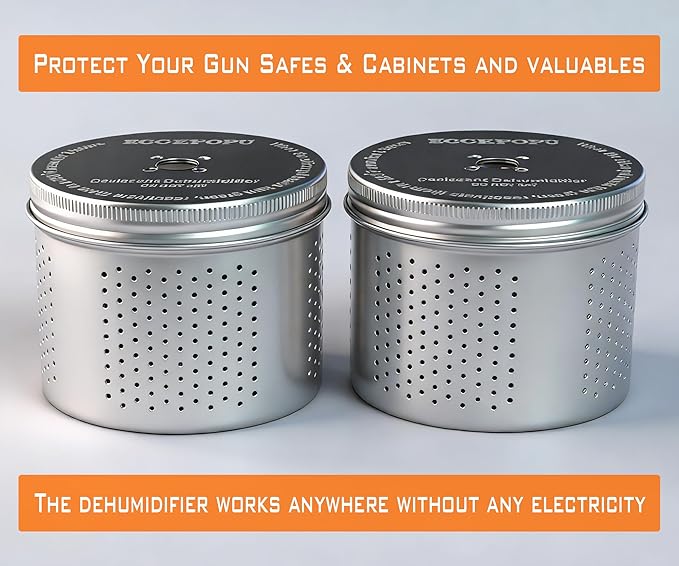 Gun Safe Dehumidifier - Portable Moisture Absorber, 200g Reusable Indicating Silica Gel Desiccant Canister for Gun Cabinets & Safes, Protect 160 Cubic Feet, Aluminum Shell,Silver