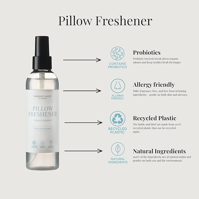 Nordic Sleep by Fossflakes, Probiotic Fabric Freshener Mild Scent 190 ml – Gentle Pillow & Bedding Spray, Natural Odor Eliminator with Soft Fragrance, Hypoallergenic & Eco-Friendly
