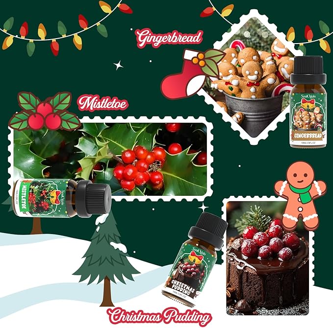 Christmas Essential Oils Set, Fragrance Oil Set for Diffuser, Scent Diffuser Oil for Candle Making-Christmas Cake, Eggnog, Candy Canes, Gingerbread, Mistletoe, Christmas Pudding