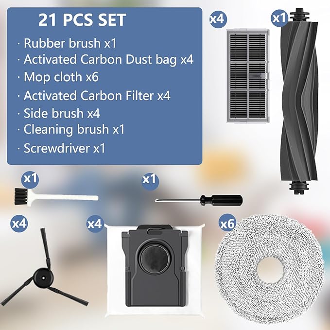 Mova P10 Pro Ultra Accessories for Mova P50 Pro,L40 Ultra Replacement Parts for Dreame X40 Master/X40 Ultra Include: 1 Main brush,4 Carbon HEPA filter, 4 Side Brushes,4 Carbon dust Bags-Yivy 22 Pcs