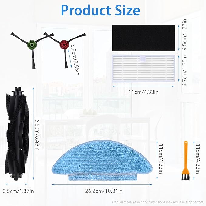 22pcs Replacement Part Kit for Tikom L9000 L8000,Lubluelu SL60D, Laresar L6 Nex ,HONITURE Q6 SE Robot Vacuum, 1 Main Roller, 8 Side Brush, 6 Hepa Filter, 6 Mop Cloths,1 Cleaning Brush Accessories