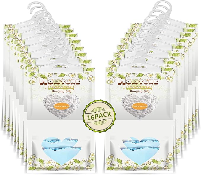 16 Pack Moisture Absorber Hanging Bags,220g/Pack Fagrance Free Moisture Bag,Hanging Closet Dehumidifier Bags for Basement Closet Storeroom