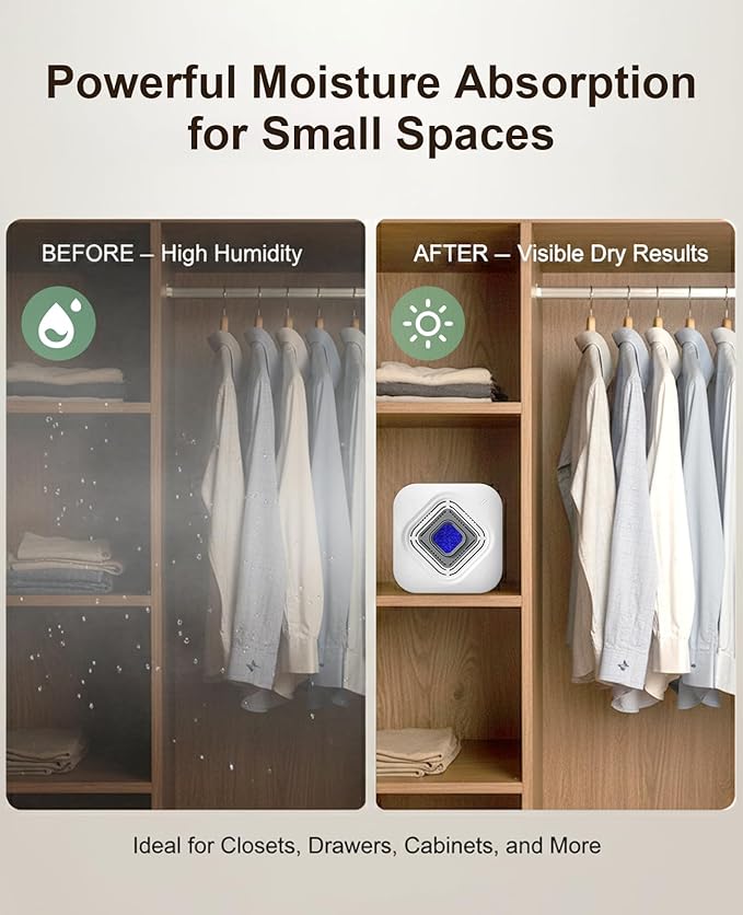 Dehumidifier for Bathroom with Color-Changing Beads, Rechargeable Small Dehumidifier for Closet, Portable Gun Safe Dehumidifier Ideal for Spaces up to 35 Sq.Ft Coverage, Quiet Operation