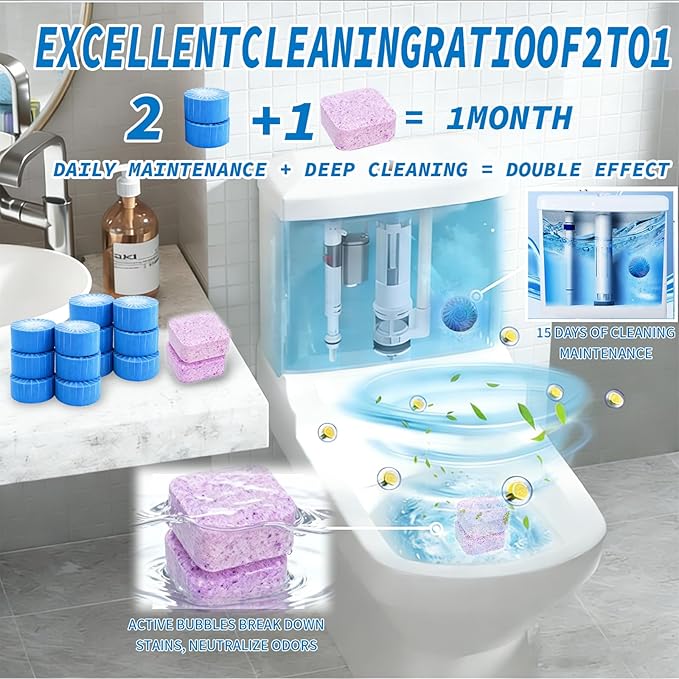 2-in-1 Toilet Cleaning Tablets (24 Pack) - 8 Effervescent Toilet Bowl Stain Remover and 16 Blue Toilet Tank Cleaner Tablets - Limescale Removal for Septic System