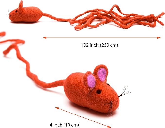 Glaciart One Felt Mouse Cat Toy – Soft Fuzzy Enrichment 100% Natural Wool - Interactive Catnip Play Cat Toy Set - Safe for Pets, Non-AZO Colored Dyes - 100” Long