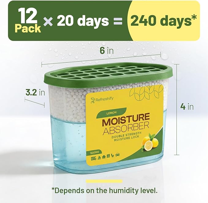 Premium Moisture Absorbers and Dehumidifier Tubs – High-Efficiency Closet Dehumidifier and Dehumidifier for Car, Odor Control Lemon Scent, 12 Pack, 7.5 Oz