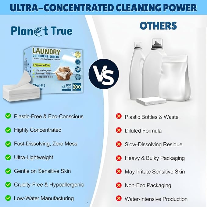 Eco-Friendly Laundry Detergent Sheets, 200 Loads (100 Sheets) Fragrance Free Sheet laundry detergent, Plastic-Free laundry detergent sheets travel, Easy Storage & Liquidless Washing