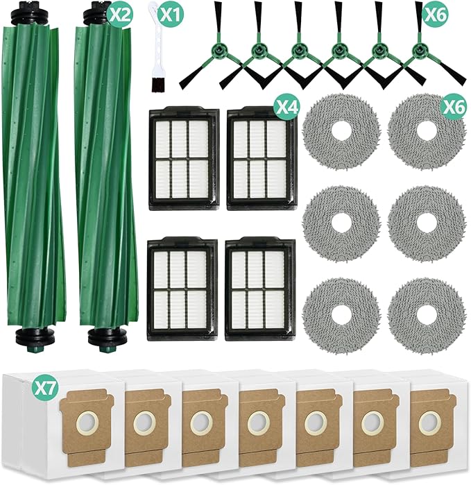 26 Pcs Replacement Parts Compatible with iRobot Plus 405/505/507 Combo Vacuum Cleaner Accessories, Includes 2 Main Brushes, 7 Dust Bags, 6 Mop Pads, 4 Filters, 6 Side Brushes and 1 Cleaning Tool