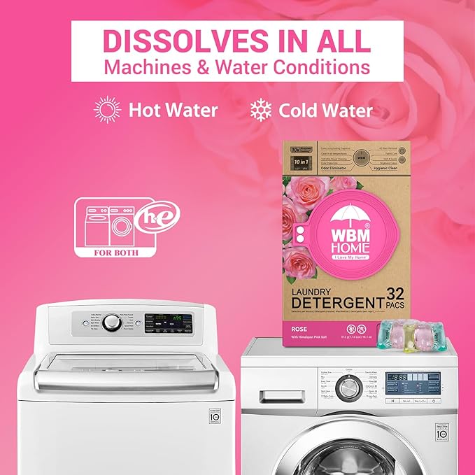 WBM 10-in-1 Laundry Detergent Pods, Ultra Concentrate, Powerful Stain Lifter, Fabric Softener, Rose Scent, 32 Count, HE Compatible, Eco-Friendly, Gentle