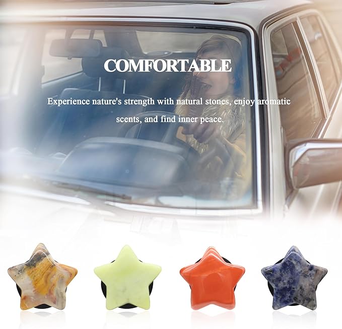 Boho Car Decor,4pcs Stars Car Air Freshener Vent Clips,Natural Stone Crystals Air Vent Clips,Hippie Decorations Accessories for Women,Best Wishes for Lover Friends