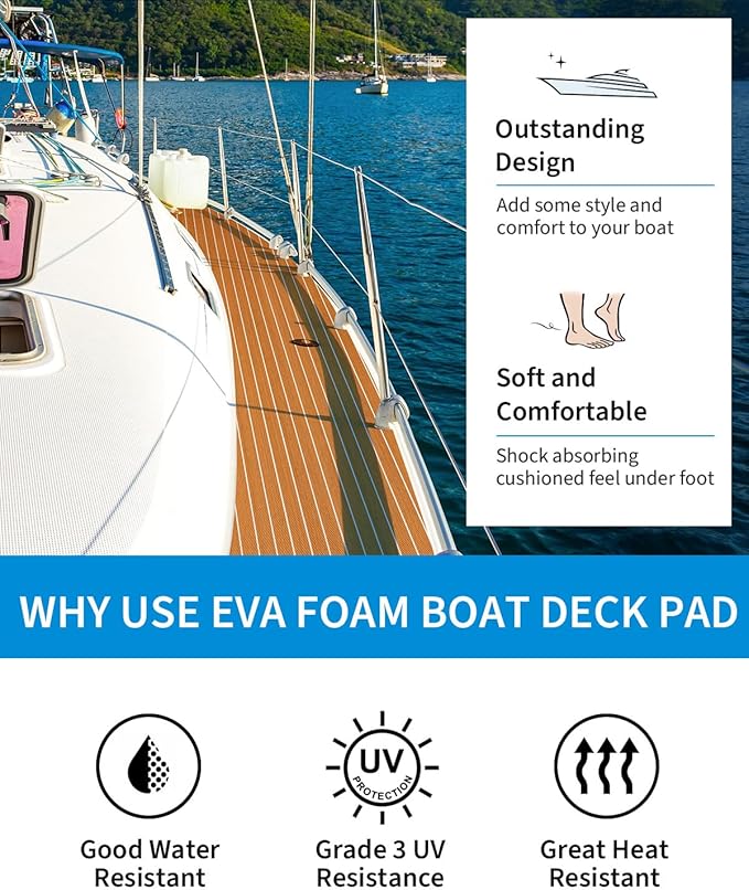 OCEANBROAD EVA Foam Boat Flooring with 3M Adhesive Backing Marine Self-Adhesive Decking 96''x45.6''/36''/28.8''/16.8'', 48''x16.8'' Faux Teak Sheet for Jon Boats Swim Platform Helm Pad RV Floor