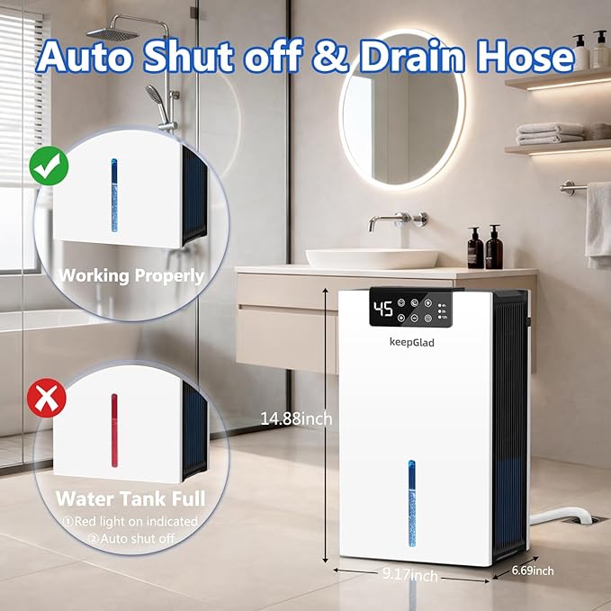 Dehumidifier, 98OZ Dehumidifiers for Home(1000sq.ft), Humidity Display Dehumidifier for Basement Bathroom Bedroom, Auto Shut Off, Washable Filter, Drain Hose, Timer, 7 Ambient Lights, White
