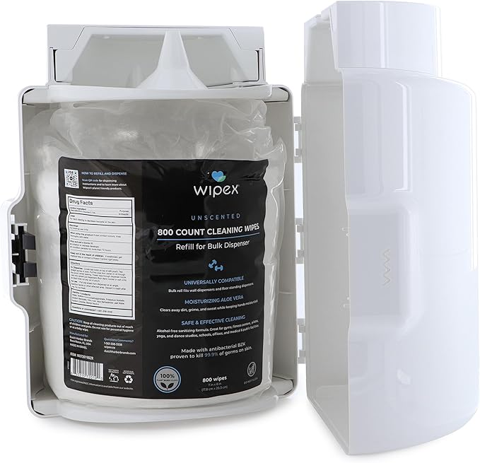 Wipex Bulk Fitness Wipes Bundle - Get (2) 800ct Gym Sanitizing Wipes with Plant Based Cloth and BZK Antiseptic & (1) White Wall-Mounted Dispenser, Great for Schools, Fitness & Wellness Centers & Gyms