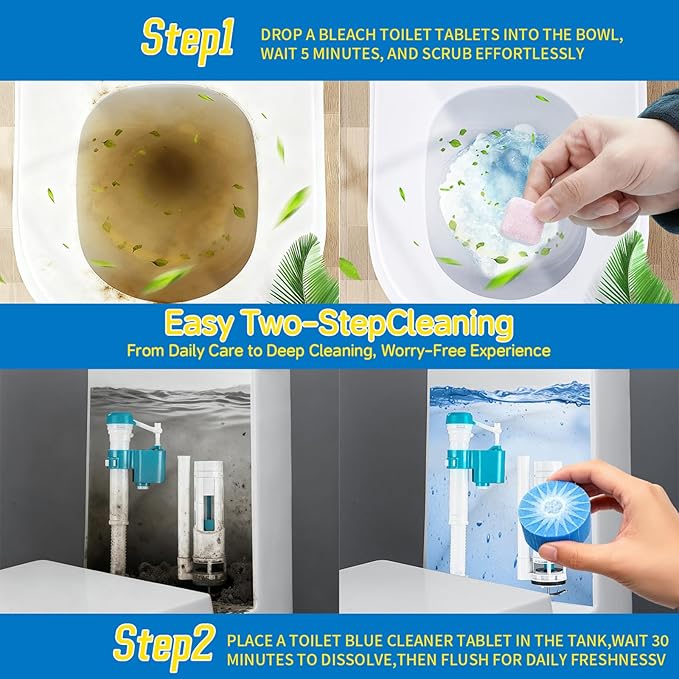 2-in-1 Toilet Cleaning Tablets (24 Pack) - 8 Effervescent Toilet Bowl Stain Remover and 16 Blue Toilet Tank Cleaner Tablets - Limescale Removal for Septic System