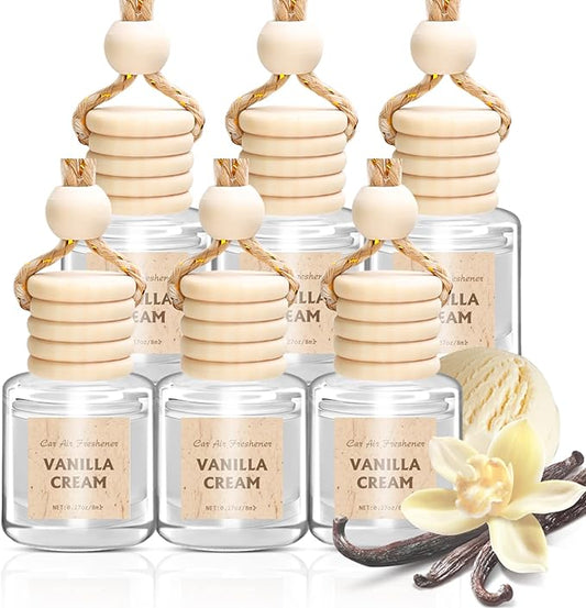 AROIC Hanging Car Air Freshener, 6 Pack Vanilla Cream Long Lasting & Refillable Air Freshener, Natural Plant Essential Oil Fragrance Aromatherapy Diffuser, Car Accessories Interior Set for Women & Men