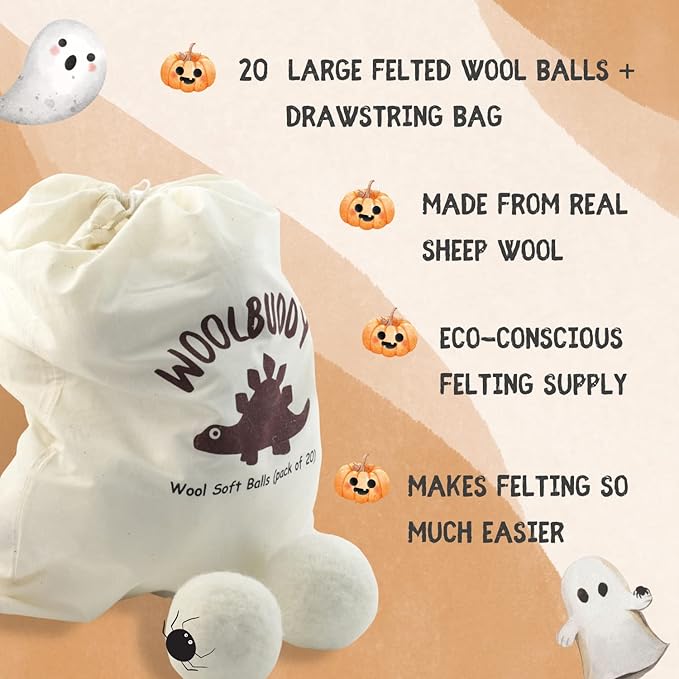 Woolbuddy Felt Balls – 12pcs Assorted Size Wool Pom Poms (3", 2.7", 2") with Drawstring Bag – White Felt Balls for Crafts, DIY Garland, Christmas Ornaments, Needle Felting Projects