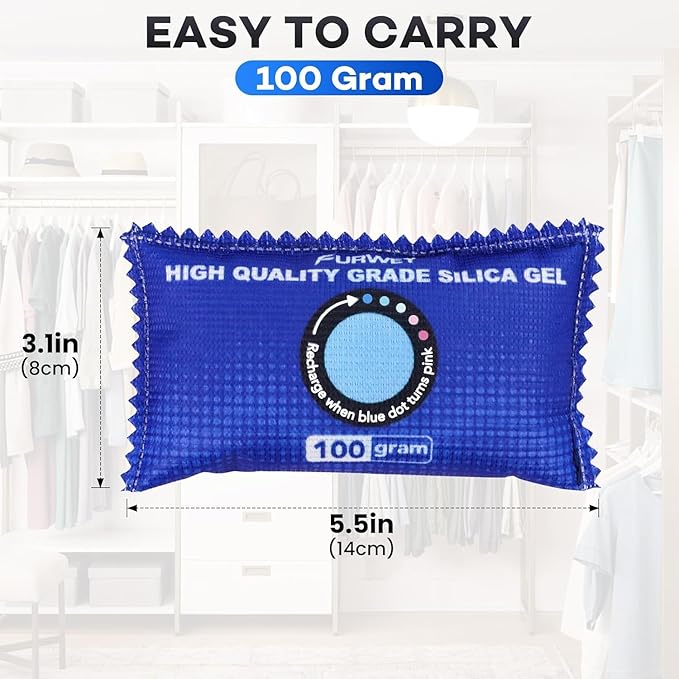 2 Pack Rechargeable Desiccant Packs, 100g Each, Blue, Color Indicating Silica Gel Dehumidifier Bags for Storage, Closets, Cars, Bins