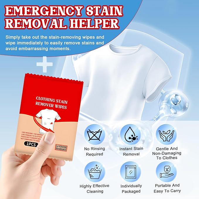Stain Remover Wipes, Stain Wipes, Individually Packaged Compact and Easily Removes Stains and Food Residue from Clothes, Fabrics, and Carpets, 20 pieces