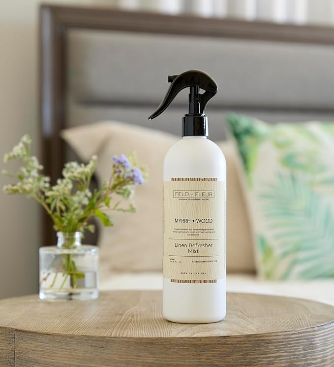 FIELD FLEUR Myrrh Wood Linen & Room Spray 15.5 oz - Aromatic & Refreshing Bedding & Fabric Mist - Air Freshener for Clothes & Sofas - Notes of Patchouli, Myrrh, Amber & Sandalwood - Made in USA