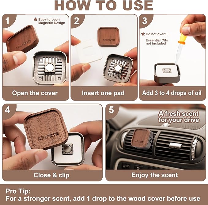 Car Vent Diffuser, Walnut Wood & Zinc Alloy with Magnetic Cover, Refillable Car Air Freshener with 2 Refill Pads (No Essential Oils)