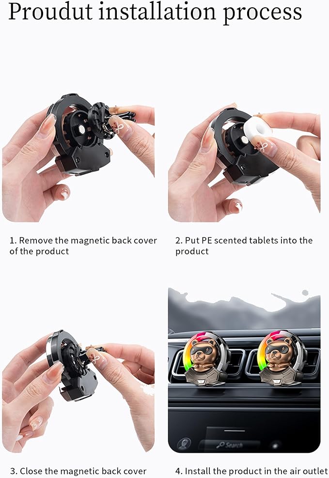 Cartoon Bear Cute Air Freshener for Car,7 Colors Air Vent Clips Car Decorations with 5 Dynamic Lightings,Voice Control,USB Charging Cute Vent Clips Car Accessories