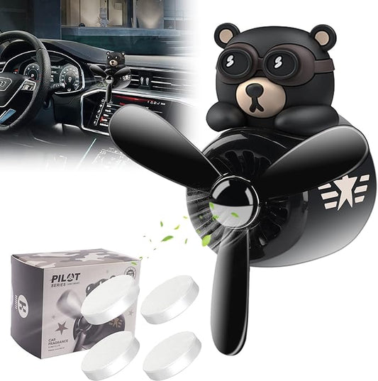 Car Air Freshener Cute Cartoon Bear Pilot Car Diffuser Rotating Propeller Automotive Air Outlet Fan Creative Car Perfume Decoration Cool Car Accessories Comes with 4 Fragrant Tablets