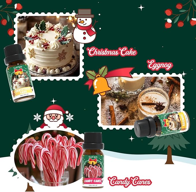 Christmas Essential Oils Set, Fragrance Oil Set for Diffuser, Scent Diffuser Oil for Candle Making-Christmas Cake, Eggnog, Candy Canes, Gingerbread, Mistletoe, Christmas Pudding