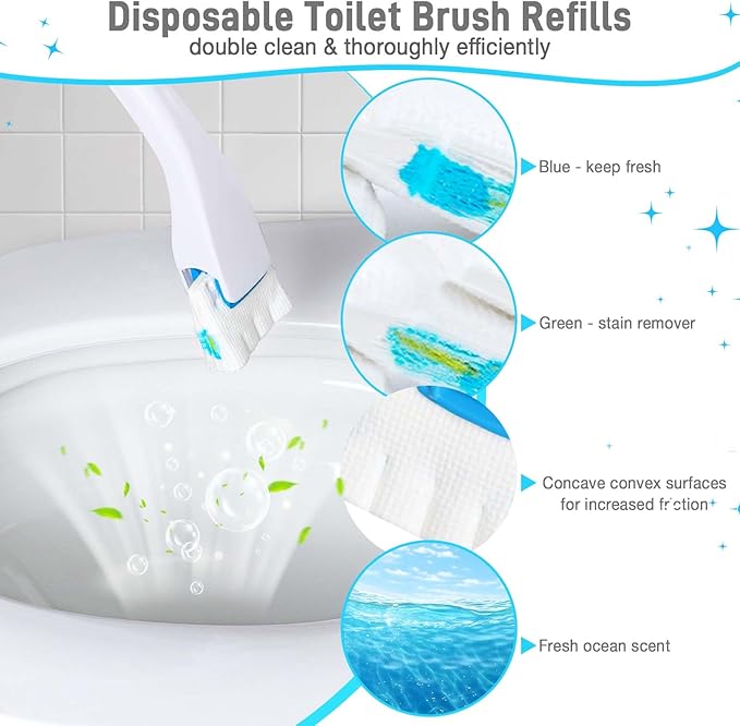 Toilet Cleaner Refill Pads Ocean Scent Enhanced Odor Control 72 Count Scrubber Refill Clean Stains Disposable Toilet Brush Refill for Toilet and Bathroom
