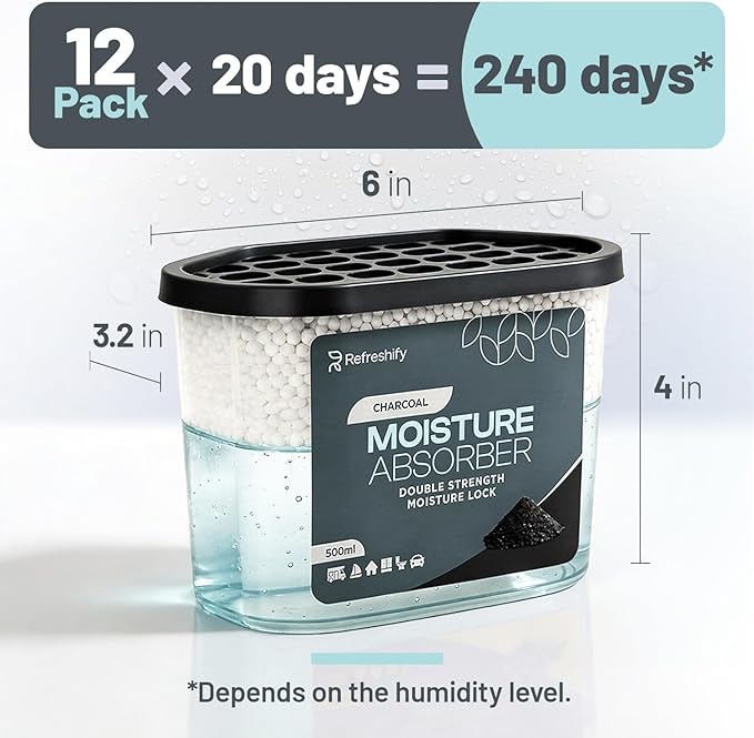 Premium Moisture Absorbers and Dehumidifier Tubs – High-Efficiency Closet Dehumidifier and Dehumidifier for Car, Odor Control Charcoal, 12 Pack, 7.5 Oz