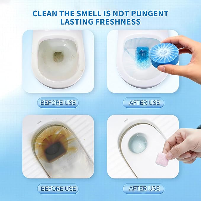 2-in-1 Toilet Cleaning Tablets (48 Pack) - 16 Effervescent Toilet Bowl Stain Remover and 32 Blue Toilet Tank Cleaner Tablets - Limescale Removal for Septic System