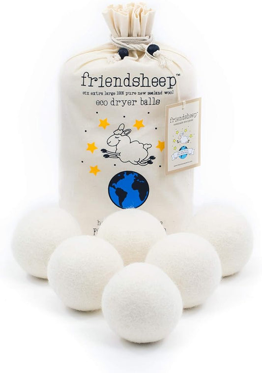 Friendsheep Wool Dryer Balls, Organic Reusable Fabric Softener Alternative for Laundry, Handmade, Fair Trade, Hypoallergenic, Eco-Friendly, Plastic-Free (6 Pack XL ??Creamy White)