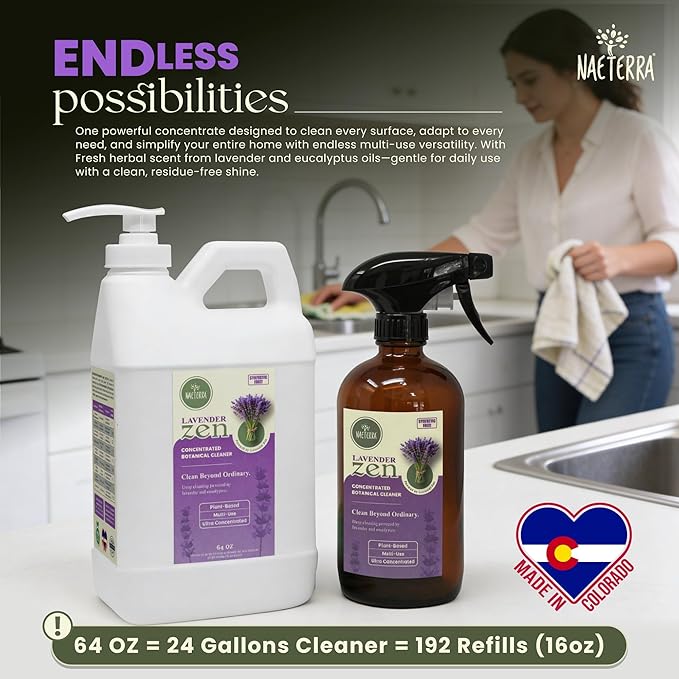 Naeterra Lavender Zen All-Purpose Cleaning Concentrate Kit – 64 oz Jug Makes 24 Gallons | Includes 16 oz Amber Glass Spray Bottle | Plant-Based, Essential Oil Scented, EWG Green-Rated Ingredients
