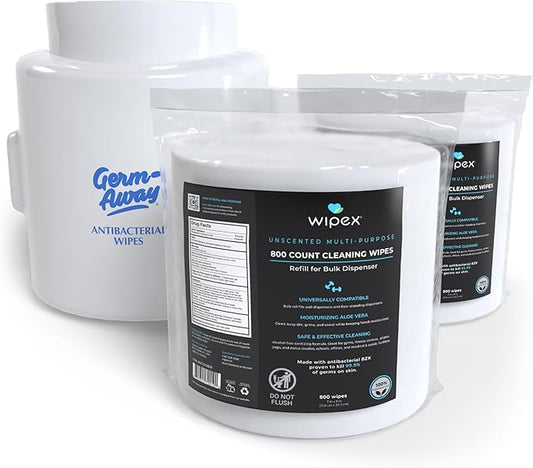 Wipex Bulk Fitness Wipes Bundle - Get (2) 800ct Gym Sanitizing Wipes with Plant Based Cloth and BZK Antiseptic & (1) White Wall-Mounted Dispenser, Great for Schools, Fitness & Wellness Centers & Gyms
