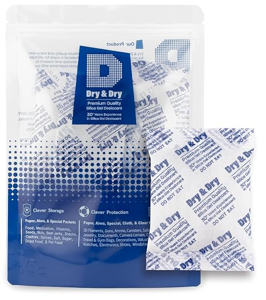Dry & Dry 50 Gram [5 Packets] Silica Gel Packets Desiccants, Silica Packets - Rechargeable Moisture Absorbers for Food Storage, Electronics, 3D Filament & Safes