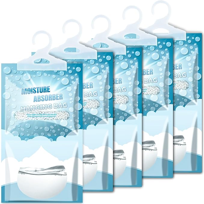 Moisture Absorbers Packets - 5 Pack Hanging Moisture Absorbers Dehumidifier Bags for Closet Bathroom Kitchen, Fragrance Free Humidity Absorber Packs, Removes Moisture & Odors