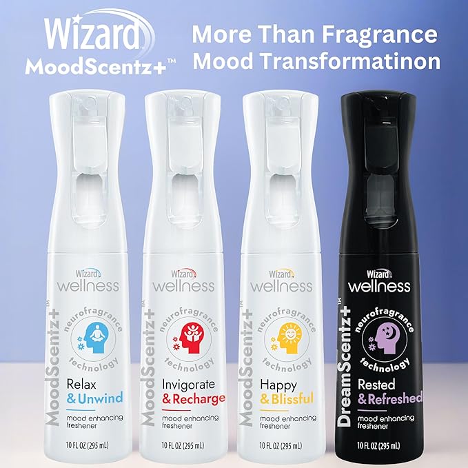 Wizard MoodScentz™ (Relax & Unwind) Patented Science-Backed Mood-Enhancing Room Mist, Non-Aerosol Continuous Fine-Mist Spray with Neuro-Fragrance Technology – 10 Fl Oz