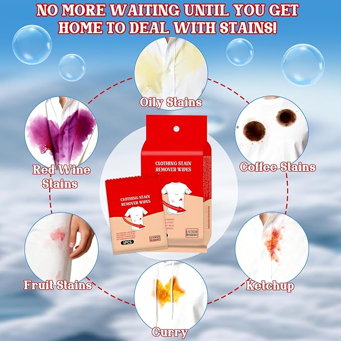 Stain Remover Wipes, Stain Wipes, Individually Packaged Compact and Easily Removes Stains and Food Residue from Clothes, Fabrics, and Carpets, 20 pieces