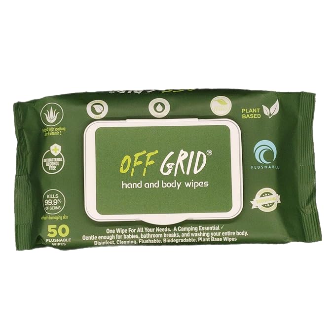 OFF GRID Hand and Body Wipes | Trusted Wipe of the US Military | Alcohol-Free Wipes | Plant-Based Wipes for Camping, Hiking, & More | Travel-Friendly & Flushable | 3 Pack