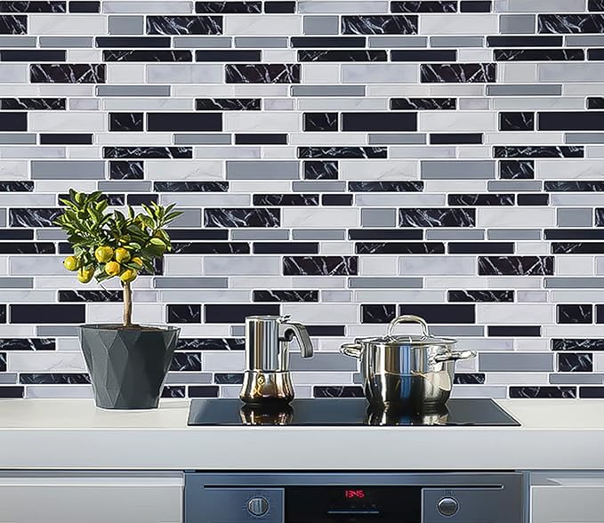 LONGKING 10-Sheet Peel and Stick Tile Backsplash, Vinyl 3D Self-Adhesive Tile Stickers for Kitchen, Bathroom, Counter Top, Marble 79