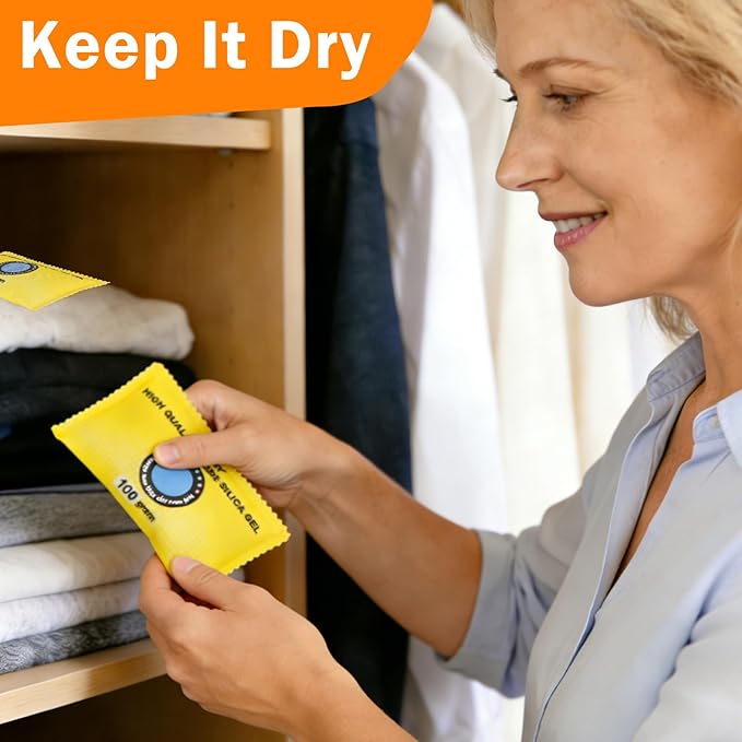 100g (12 Packs) Rechargeable Desiccant Packs for Storage, Color Indicating Silica Gel Desiccant Packets, Moisture absorbers for Storage,Dehumidifier Bag for Closets,Cars,Storage Bins